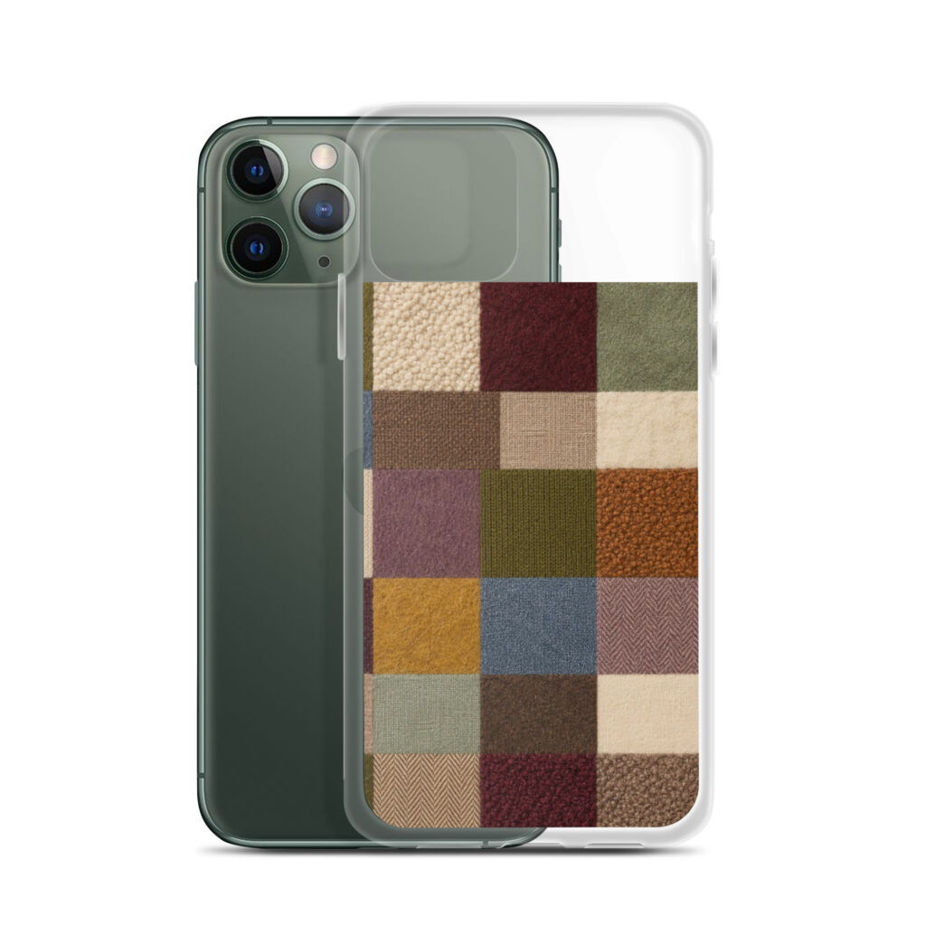 Neutral Patchwork clear iPhone case on phone