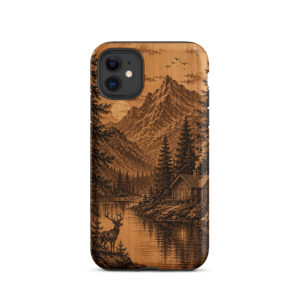 Tough Case for iPhone®Rustic Mountain Cabin Phone Case – Vintage Woodland Landscape Woodgrain Cover for iPhone, Samsung & Google Pixel